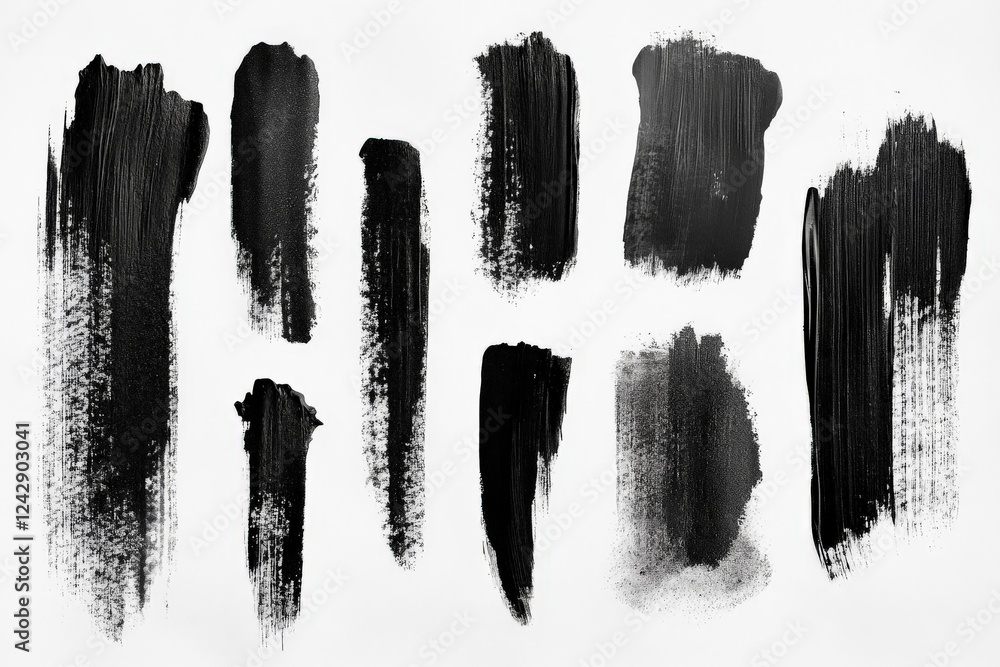 Various patterns of black paint strokes on a white background showcasing artistic techniques and textures Various patterns of black paint strokes on a white background showcasing artistic techniques and textures