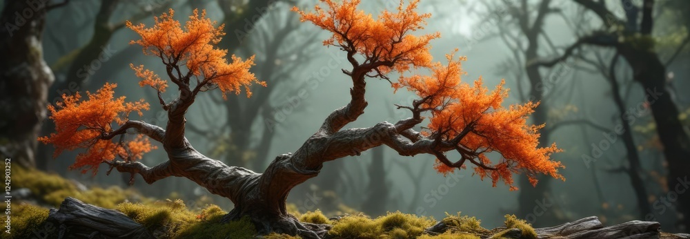 Twisted tree branch with vibrant orange moss growth, verdant, tree branch Twisted tree branch with vibrant orange moss growth, verdant, tree branch