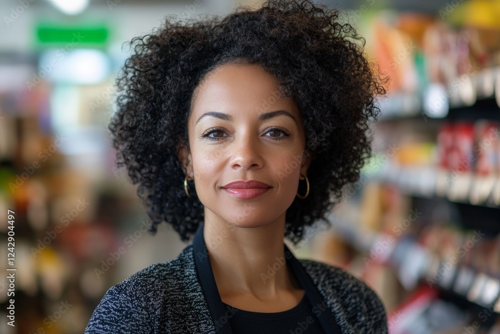 Woman smiling confidently in a grocery store aisle during daytime, showcasing a sense of professionalism and warmth Woman smiling confidently in a grocery store aisle during daytime, showcasing a sense of professionalism and warmth