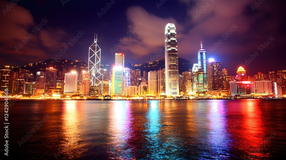 Obraz premium Vibrant Hong Kong Skyline Night Cityscape Stunning Urban Lights Reflection