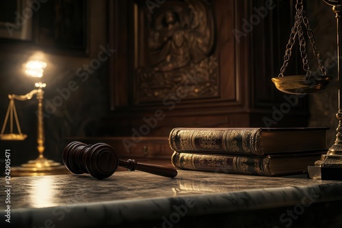 antique wooden gavel resting on marble desk, illuminated by dramatic side lighting, with leather-bound law books and brass scales of justice in soft focus background photo