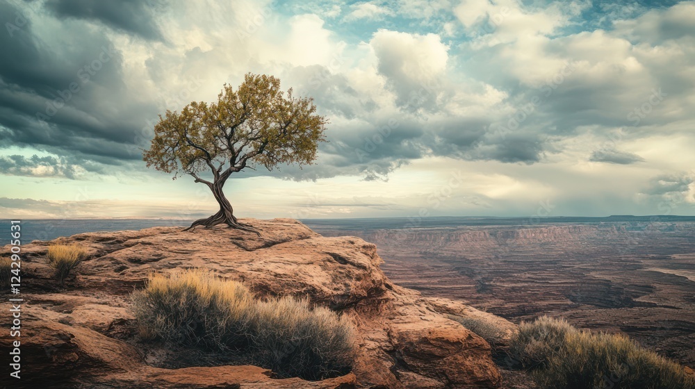 Fototapeta premium Solitary Tree on a Rocky Clifftop, Majestic Canyon Landscape Under Dramatic Clouds