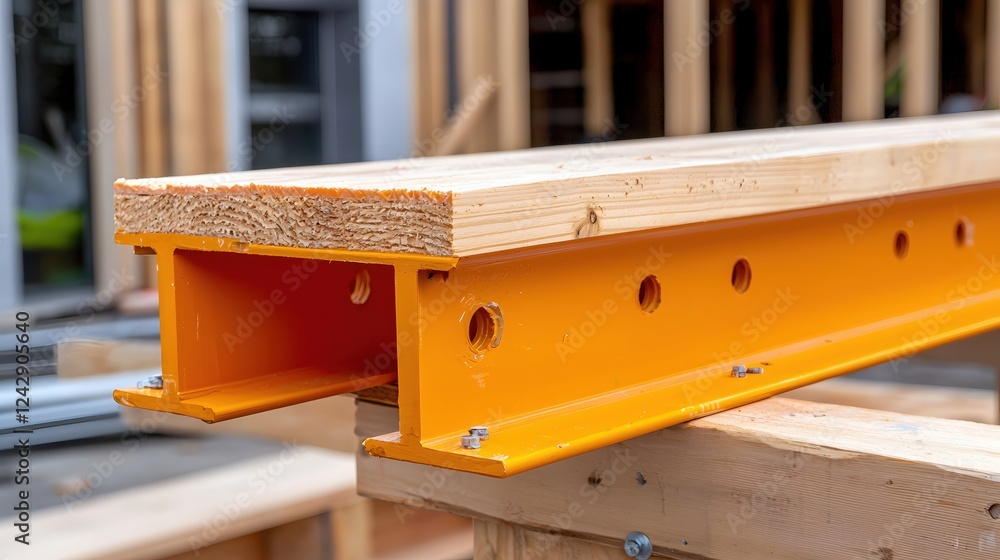 Bright Orange Steel Beam Construction Wood Modern Building Project Bright Orange Steel Beam Construction Wood Modern Building Project