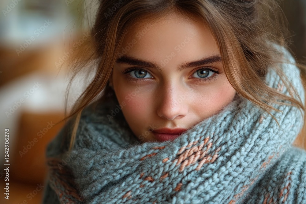 Close-up portrait of a young woman wrapped in a cozy scarf while indoors in natural light Close-up portrait of a young woman wrapped in a cozy scarf while indoors in natural light