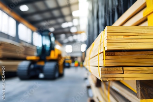 Warehouse Lumber Stack Yellow Loader Industrial Wood Construction Material