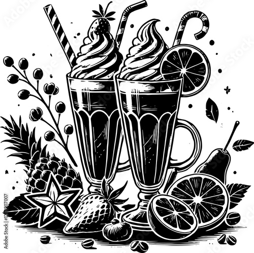 set of cups of coffee with fruts and waffles