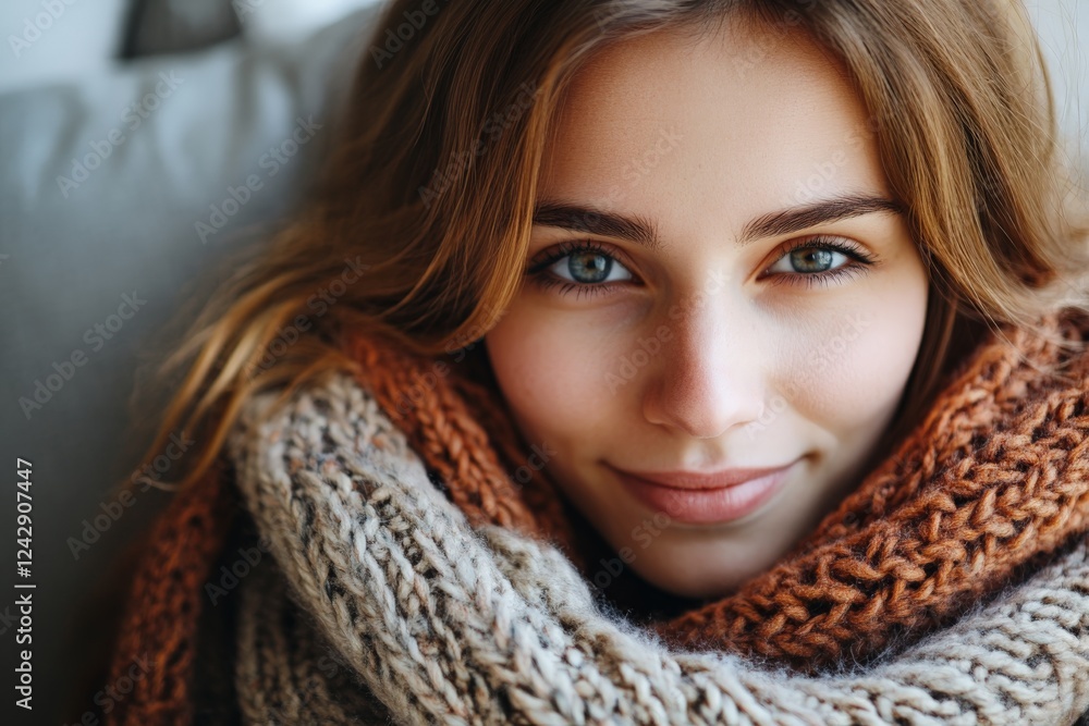 Young woman smiles warmly while wrapped in a cozy scarf indoors during a chilly day Young woman smiles warmly while wrapped in a cozy scarf indoors during a chilly day