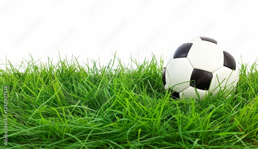 Fototapeta premium Soccer ball on grass isolated white background, detailed photo. Football logo website banner