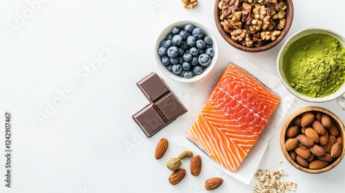Wallpaper Mural Brain boosting foods on white marble surface. Dark chocolate bar, bowl of Greek yogurt topped with blueberries and flaxseeds, walnuts and almonds, seared salmon fillet Torontodigital.ca