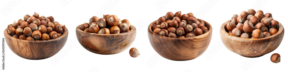Hazelnut in a wooden bowl isolated on transparent background, PNG, Set of Hazelnut in a wooden bowl isolated on transparent background, PNG, Set of