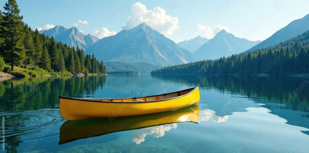 Yellow canoe on the surface of a peaceful lake with surrounding pine forest and distant mountains, yellow, distance Yellow canoe on the surface of a peaceful lake with surrounding pine forest and distant mountains, yellow, distance