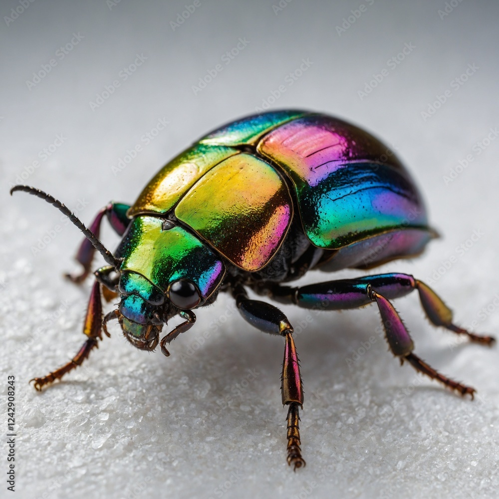 Fototapeta premium A vividly iridescent beetle with rainbow-coloured armour, crawling on a white surface.