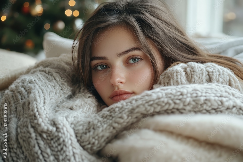 Cozy young woman relaxing indoors wrapped in a knitted blanket during winter festivities Cozy young woman relaxing indoors wrapped in a knitted blanket during winter festivities