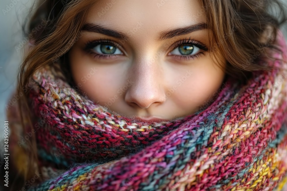 Woman wrapped in a colorful scarf with striking green eyes in a cozy outdoor setting during winter Woman wrapped in a colorful scarf with striking green eyes in a cozy outdoor setting during winter