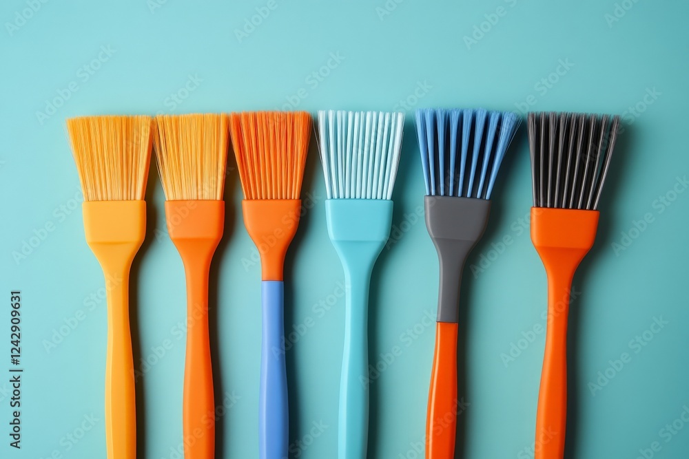 Colorful collection of silicone brushes arranged on a blue background for baking and cooking activities Colorful collection of silicone brushes arranged on a blue background for baking and cooking activities