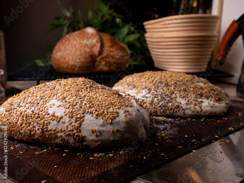 raw Multigrain multiseed Artisan Sourdough Bread with chia seed and flaxseed. photo