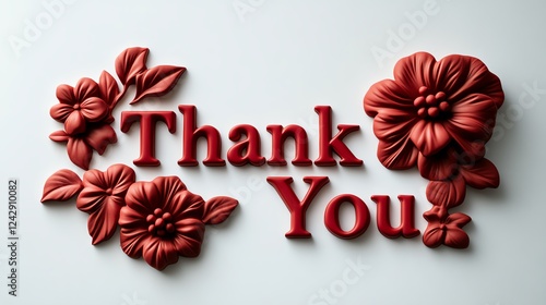 A beautiful 3D rendering of the phrase 'Thank You' adorned with vivid red flowers, perfect for expressing gratitude and appreciation in various designs and invitations. photo