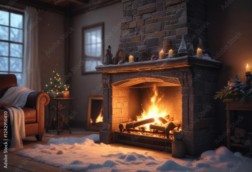 Winter wonderland scene with a burning fireplace, peaceful scenery, forest tranquility, winter landscape Winter wonderland scene with a burning fireplace, peaceful scenery, forest tranquility, winter landscape