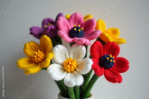Needle felted miniature flowers in a bouquet, showcasing various textures and colors. creativity hobby and handicrafts, diy, background for design. creativity hobby and handicrafts, diy, background fo