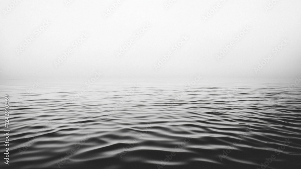 Naklejka premium Gentle ripples dance across a tranquil expanse of water, framed by a subtle mist that cloaks the distance. Early morning light casts a serene ambiance over the scene