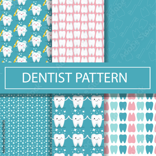 Seamless Dental Pattern Set with Cute Teeth, Toothbrushes, and Oral Care Elements in Vector