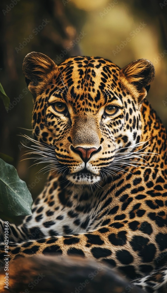 Fototapeta premium Intimate close up of a leopard in its natural habitat, showcasing its beauty and power.