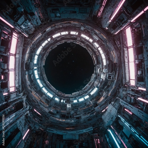 A radiant space station with glowing neon panels, hovering in a white abyss.