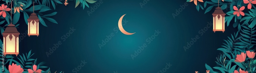 Festive Islamic Crescent Moon Lanterns And Flowers Design Festive Islamic Crescent Moon Lanterns And Flowers Design
