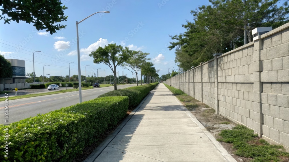 Wide shot of a well-maintained sidewalk lined with concrete block walls and a neat hedge on either side of a modern street, city streets, outdoor decor Wide shot of a well-maintained sidewalk lined with concrete block walls and a neat hedge on either side of a modern street, city streets, outdoor decor