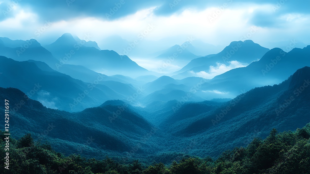 A captivating view of misty mountains enveloped in deep blue hues, showcasing a tranquil and serene atmosphere. Perfect for nature lovers and those seeking peaceful scenery. A captivating view of misty mountains enveloped in deep blue hues, showcasing a tranquil and serene atmosphere. Perfect for nature lovers and those seeking peaceful scenery.