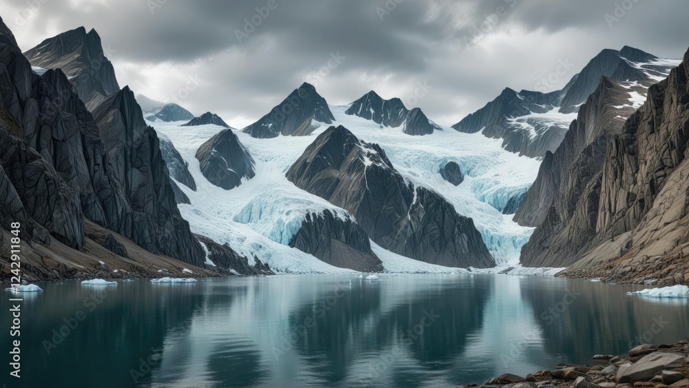 Fototapeta premium Wide panoramic shot of glacier covered mountains at edge of deep Greenlandic fjord, natural wonder, serene surroundings