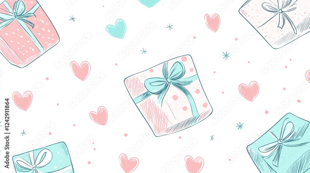 continuous line art gift pattern, holiday wrapping paper design, delicate pink and turquoise presents, heart decorations, dainty bows, soft confetti dots, elegant minimalist packaging illustration continuous line art gift pattern, holiday wrapping paper design, delicate pink and turquoise presents, heart decorations, dainty bows, soft confetti dots, elegant minimalist packaging illustration