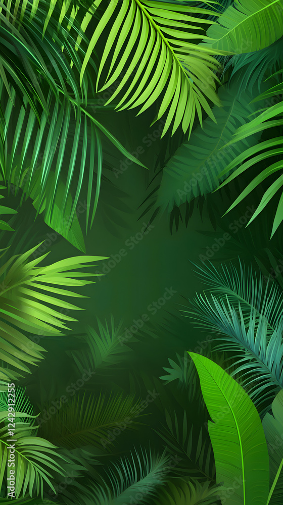 Tropical jungle background with lush green palm leaves. Dark jungle texture with palm tree foliage for a tropical forest nature concept Tropical jungle background with lush green palm leaves. Dark jungle texture with palm tree foliage for a tropical forest nature concept