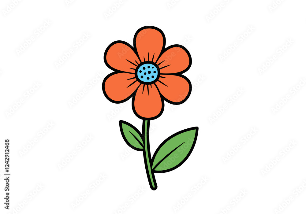 Cute Flower Illustration. This image shows a simple, colorful flower with orange petals, a blue center, and green leaves. Vector illustration design. Cute Flower Illustration. This image shows a simple, colorful flower with orange petals, a blue center, and green leaves. Vector illustration design.