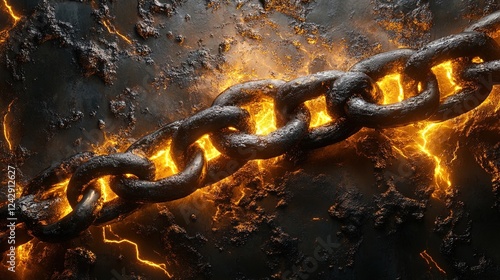 A rugged metallic abstract featuring iron chains and dramatic lighting