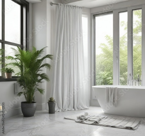 White modern bathtub with rolled up towels, houseplant, and large window in luxurious bathroom, skylight, minimalist, clean lines