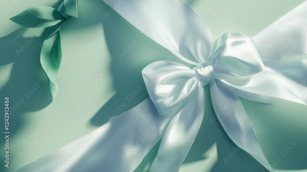 Fototapeta premium Elegant gift styling, mint green package, pristine white satin ribbons, delicate bow detail, gentle gradient background, soft shadow effects, luxury brand aesthetic, macro focus