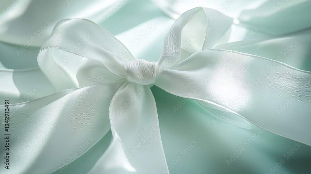 Fototapeta premium Elegant gift styling, mint green package, pristine white satin ribbons, delicate bow detail, gentle gradient background, soft shadow effects, luxury brand aesthetic, macro focus