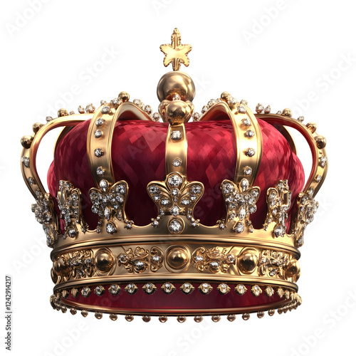 Royal golden crown with red velvet, luxury crown with gemstones isolated on transparent background PNG photo