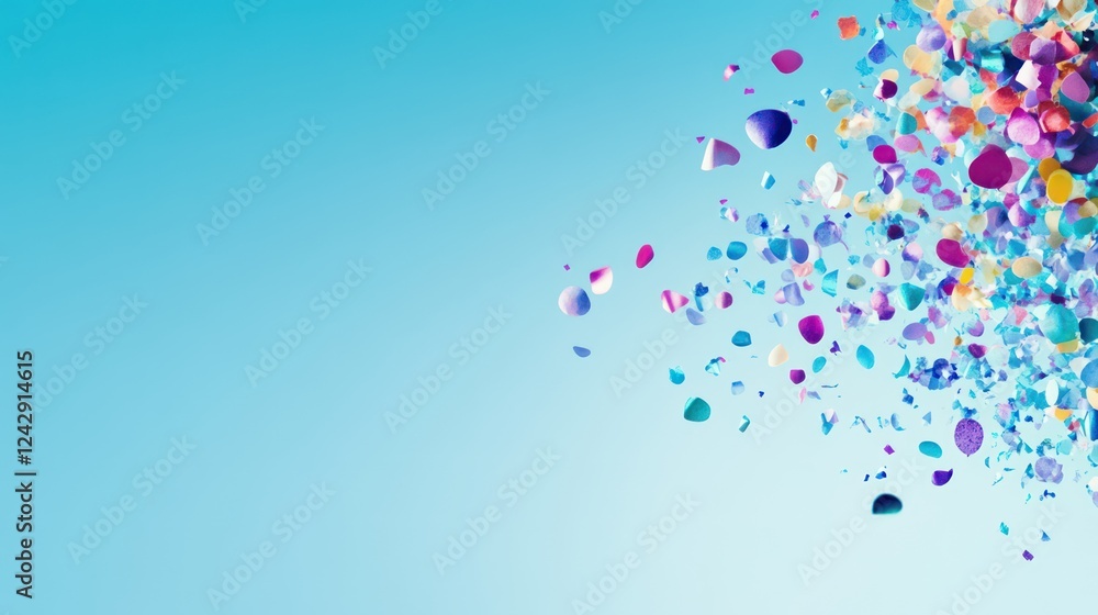 A burst of rainbow confetti suspended mid-air against a sky-blue gradient background, evoking feelings of joy and excitement A burst of rainbow confetti suspended mid-air against a sky-blue gradient background, evoking feelings of joy and excitement