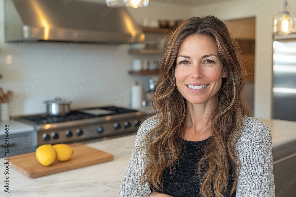 Smiling woman stands confidently in a modern kitchen with lemons on the countertop Smiling woman stands confidently in a modern kitchen with lemons on the countertop