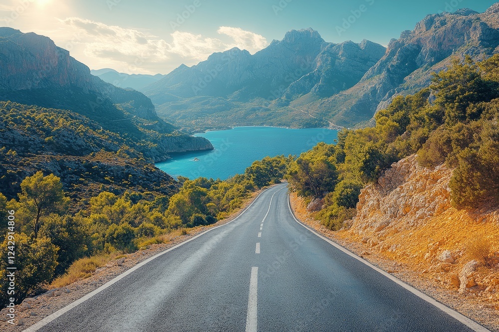 Fototapeta premium Cyclist climbs a winding road through scenic mountains and coastal views at dawn