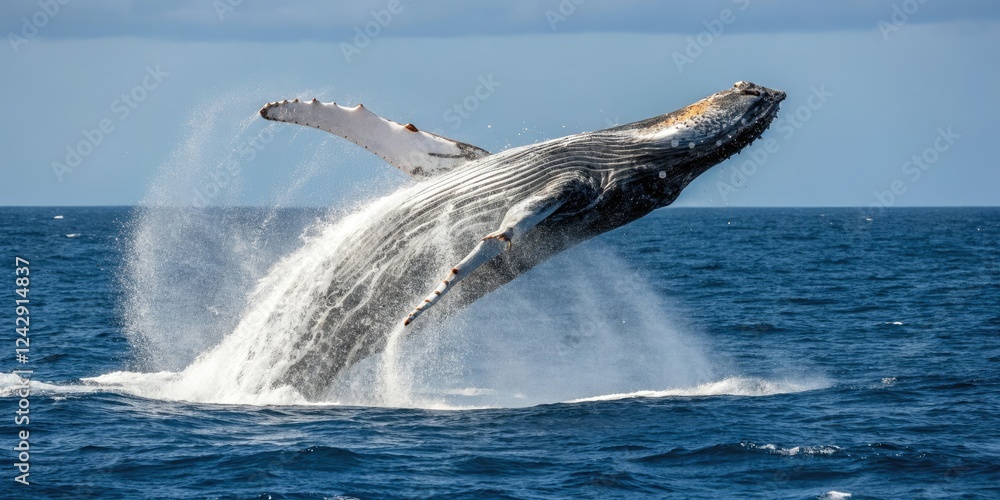 Obraz premium Whale breaching in the open ocean with spray, whale, sea mammal, wild animal, wave, ocean creature