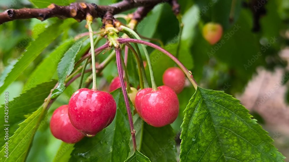 Obraz premium ripe cherries growing on the tree close up