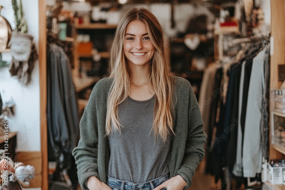 Young woman smiling and posing in a trendy boutique with stylish clothing and accessories displayed in the background Young woman smiling and posing in a trendy boutique with stylish clothing and accessories displayed in the background