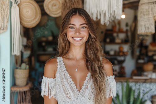 Free Download Smiling woman wearing white crochet top standing in artisan shop decorated with woven crafts - GFXLoad