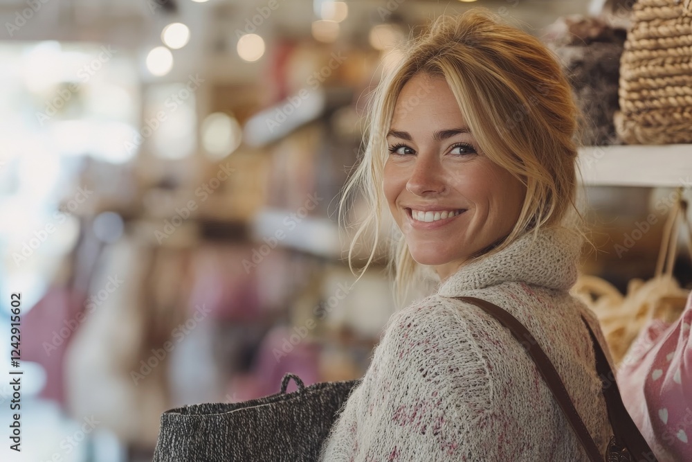Woman smiles while shopping in cozy boutique filled with handmade items and bright decor Woman smiles while shopping in cozy boutique filled with handmade items and bright decor