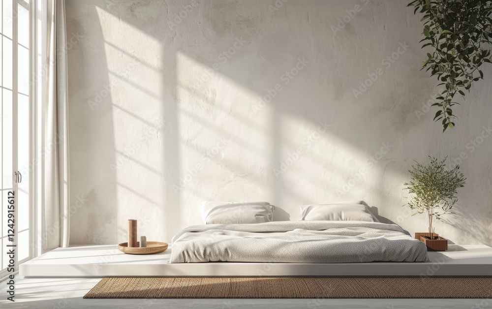 Minimalist Bedroom Design Featuring a Platform Bed and Vines Plant in Natural Light