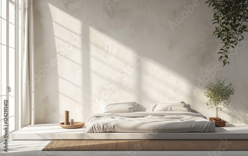 Obraz na płótnie Minimalist Bedroom Design Featuring a Platform Bed and Vines Plant in Natural Light w salonie