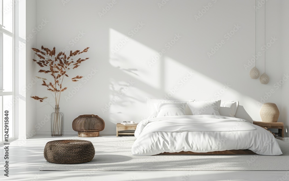 Bright airy minimalist bedroom features a white bed, natural decor elements, and sunlight streaming through a large window.